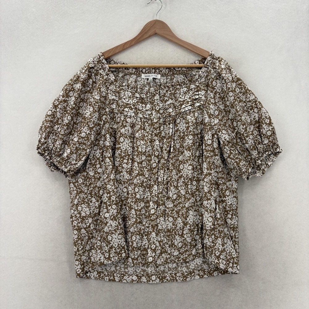 Rose + Olive Blouse Womens 3X Plus Brown Floral Scoop Neck Puff Sleeve Tunic